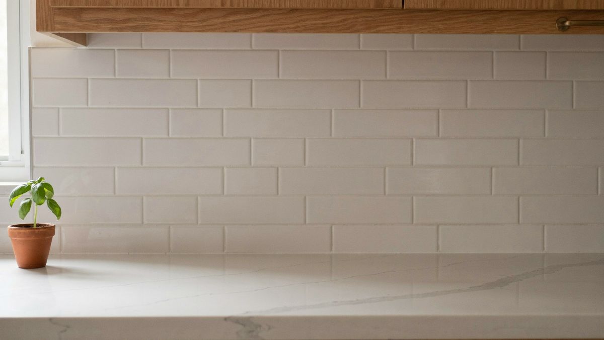 A close-up of a white quartz kitchen counter under a tiled backsplash, with a potted basil plant at the left edge and the center of the counter empty