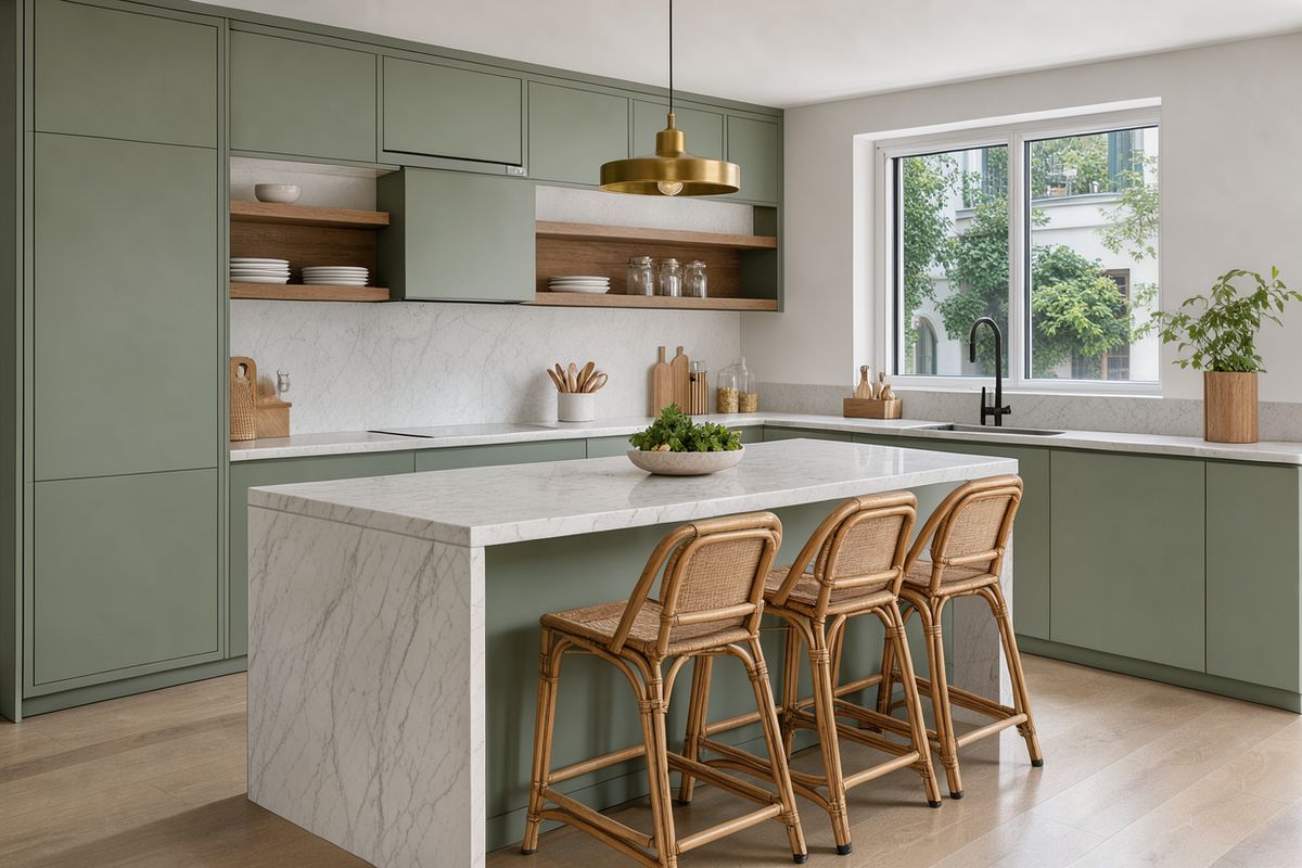 A wide view of a kitchen with sage green cabinets, a white marble island with three rattan stools, open oak shelves and a brass pendant light
