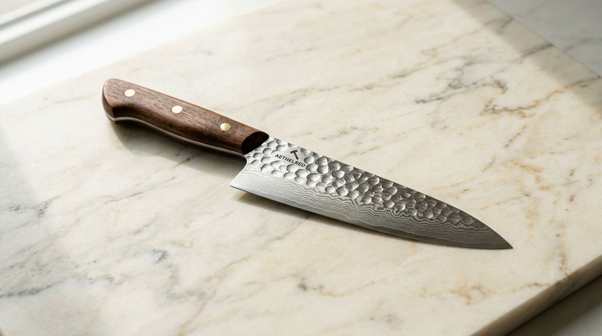 A premium chef's knife with a walnut handle and hammered damascus steel blade laid at a slight diagonal on a warm cream marble slab in soft directional afternoon light