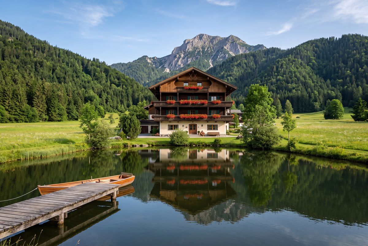 A three-story alpine hotel with dark timber balconies and red geraniums seen across a calm lake in summer, with green meadows, a wooden jetty with a rowboat, and a rocky peak behind