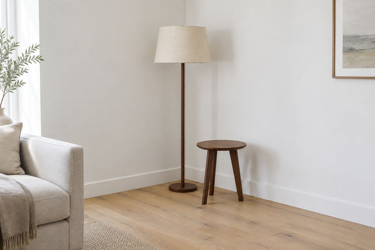 A floor lamp with a natural linen shade standing in the corner of a living room beside a small walnut side table, against a plain white wall