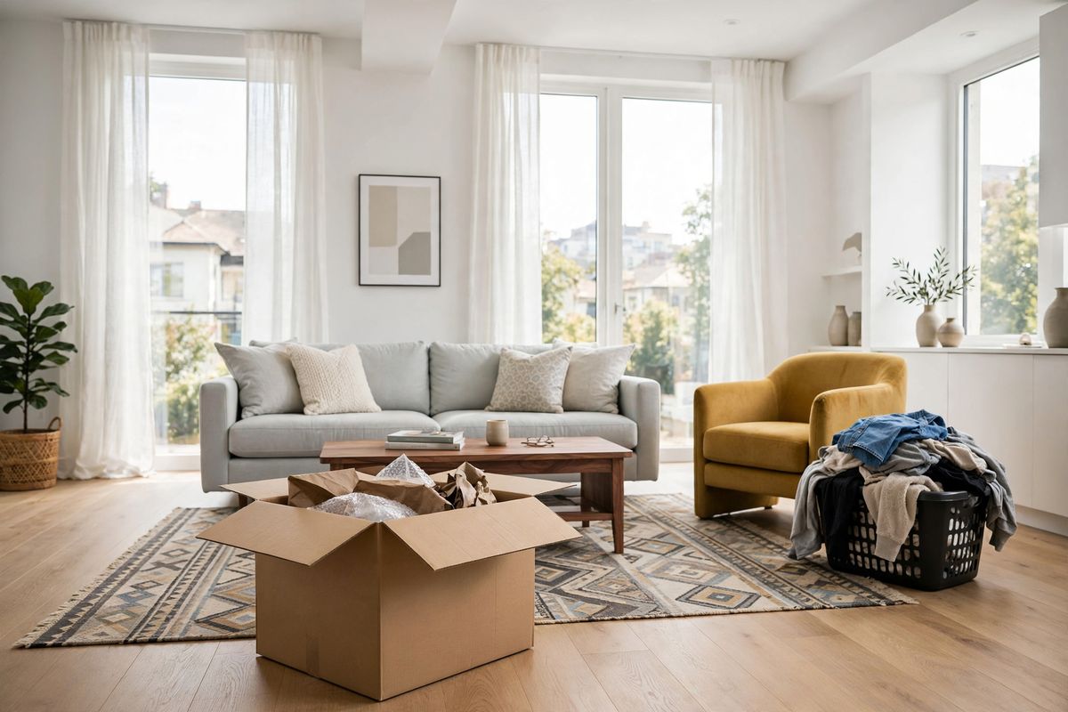 A bright modern living room with a pale grey sofa and a walnut coffee table, an open cardboard moving box on the rug and a black laundry basket full of clothes beside the armchair