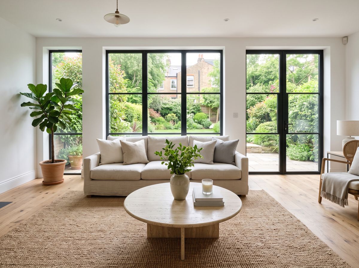 A bright townhouse living room with a pale linen sofa, round travertine coffee table, jute rug and full-height windows onto a garden