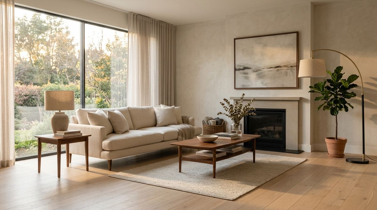 A modern living room in late afternoon daylight, a cream sofa facing a walnut coffee table, warm light across a pale oak floor, lamps unlit