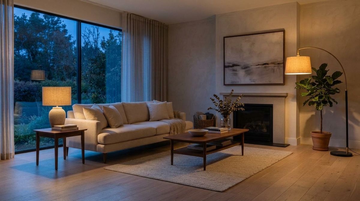 The same living room at dusk, the window deep blue, the arc floor lamp and table lamp lit and casting warm pools of light