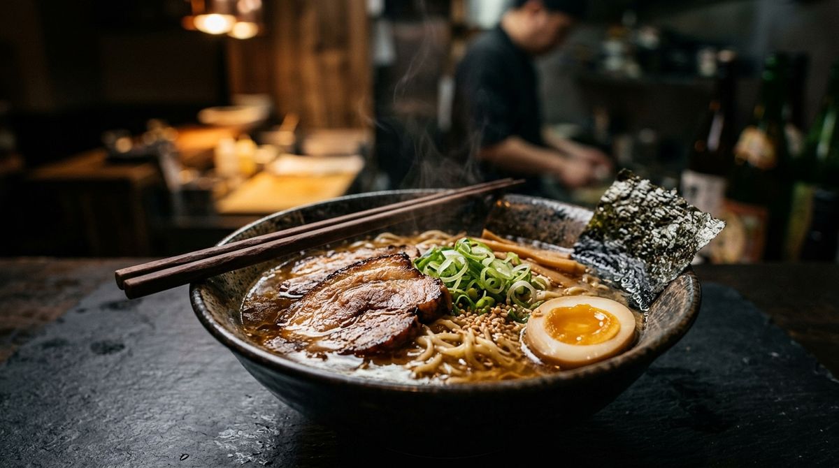 A moody close-up of a rustic bowl of ramen with pork, a halved egg, scallions, and nori on a dark slate table, chopsticks resting across the rim