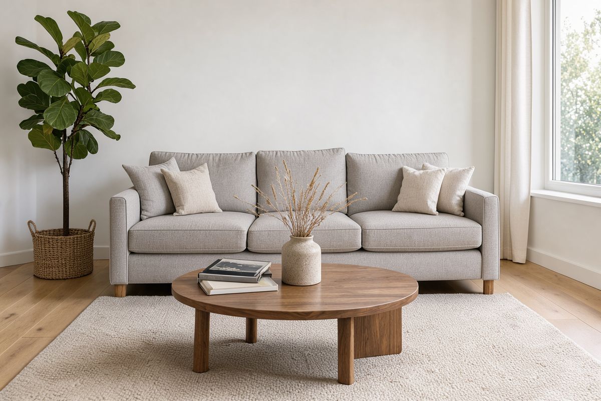 A bright Scandinavian living room with a light gray sofa, a round walnut coffee table, a fiddle-leaf fig in a basket and a window on the right in daylight