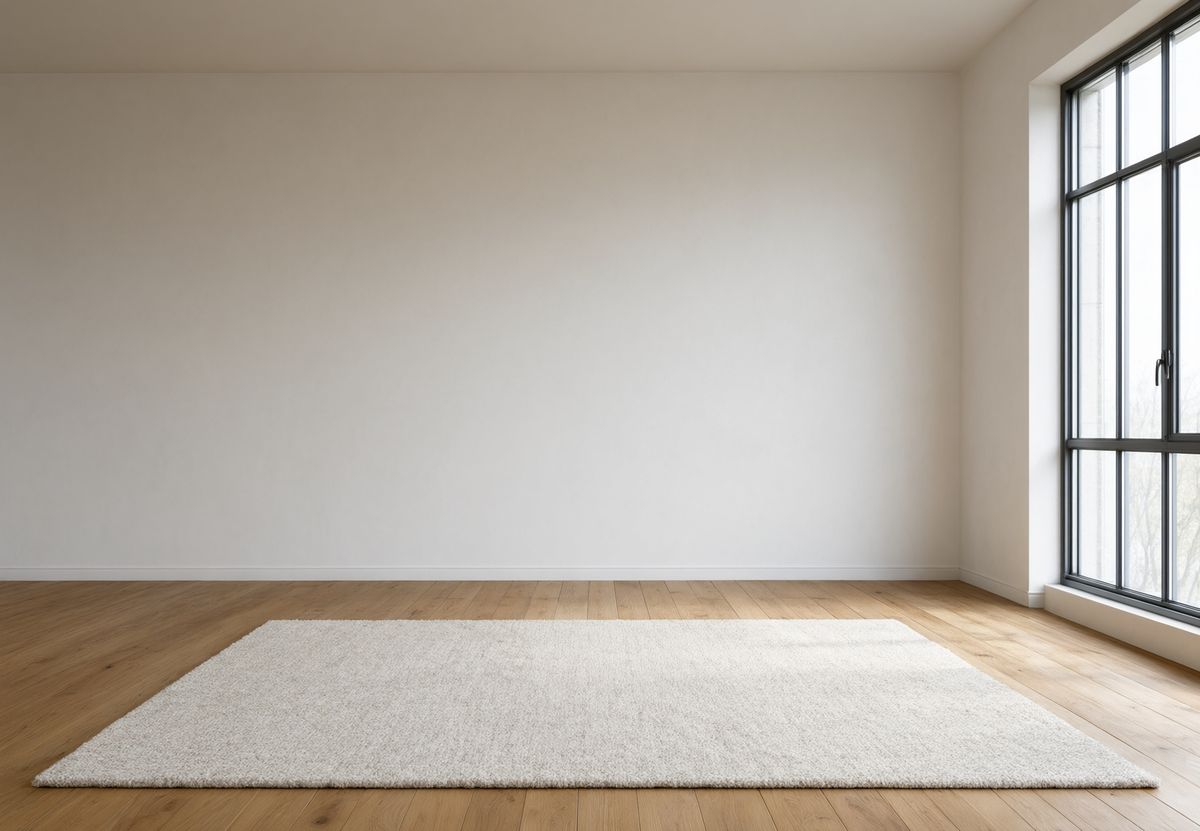 An empty room with oak floorboards, a white plaster wall, a pale wool rug, and a tall steel-framed window on the right
