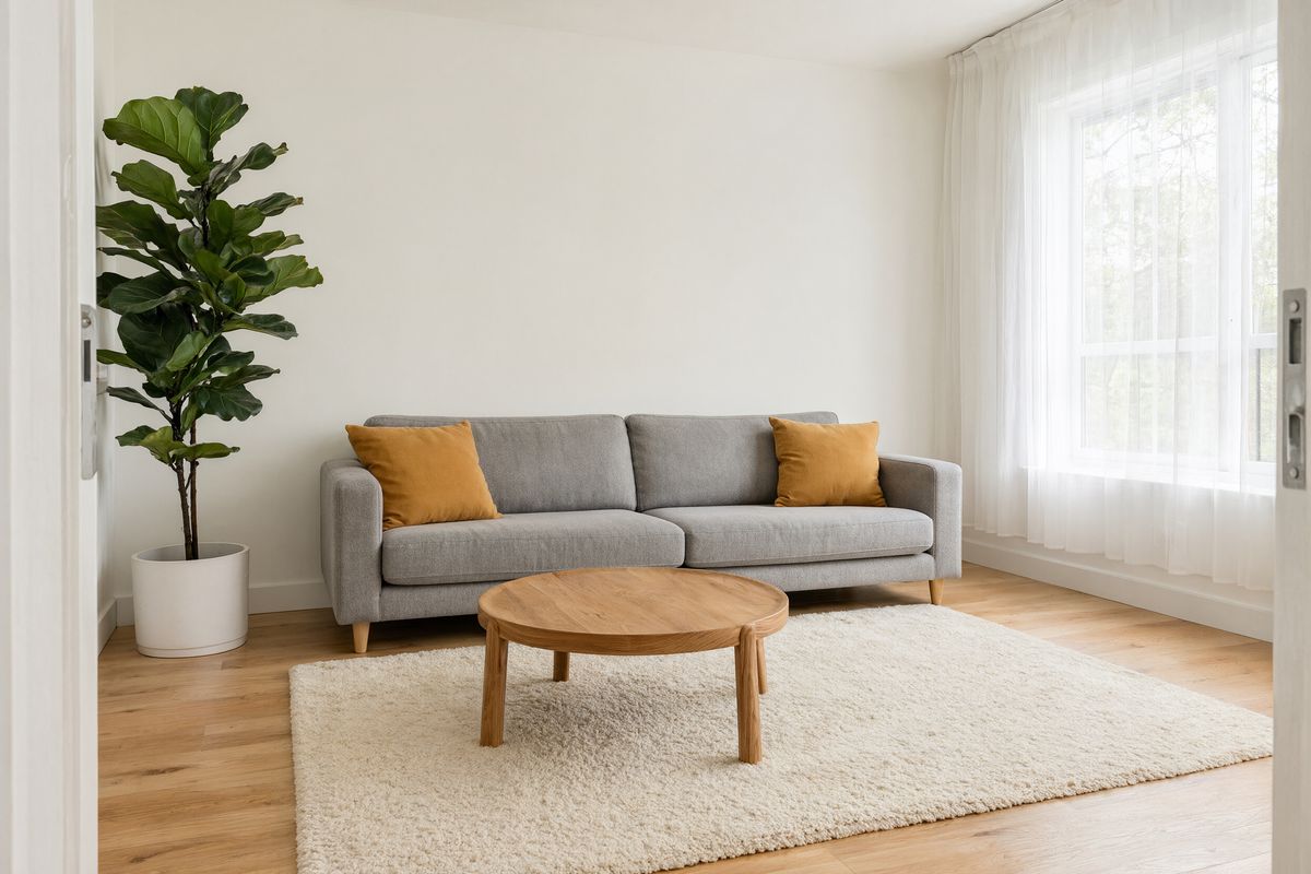 A bright living room with a light gray sofa and ochre cushions against a white wall, an oak coffee table on a cream rug, a fiddle-leaf fig, and a window with sheer curtains