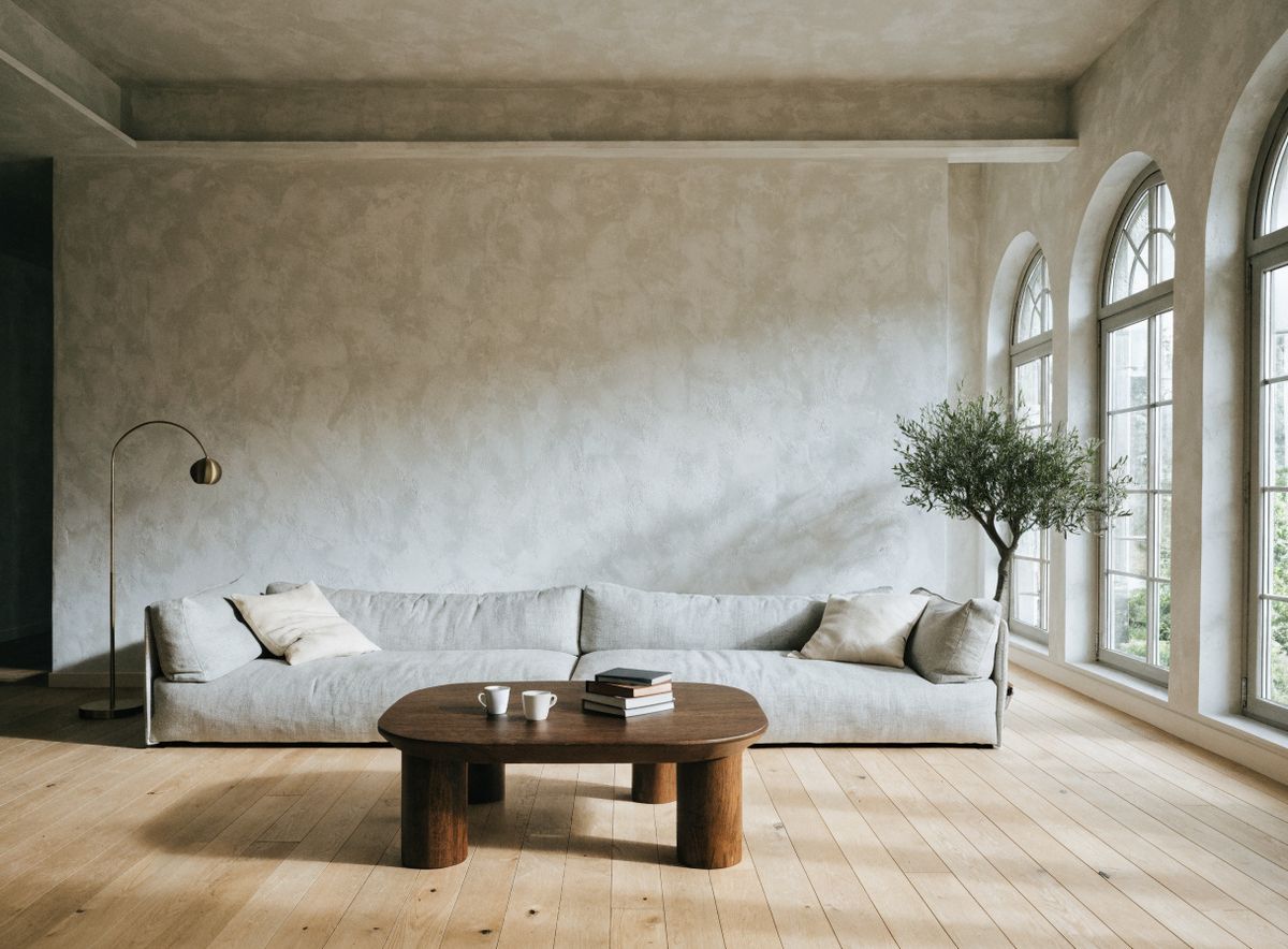 A modern living room with a light-grey linen sofa, walnut coffee table, tall arched windows on the right, oak flooring, and a large oatmeal-white unpainted feature wall behind the sofa