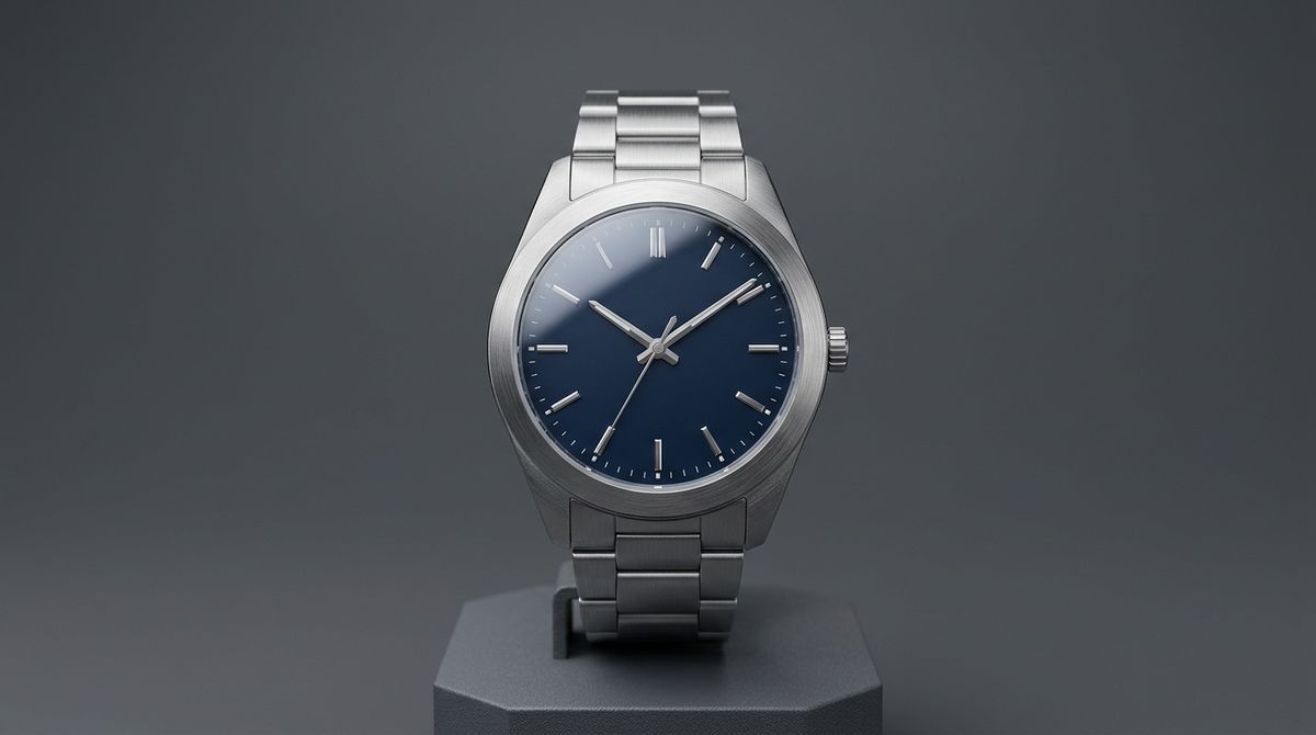 A wristwatch with a navy dial and steel case on a stand at its starting angle, the still used as both the first and last frame