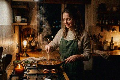 A dark, grainy indoor photo of a woman cooking at a stove