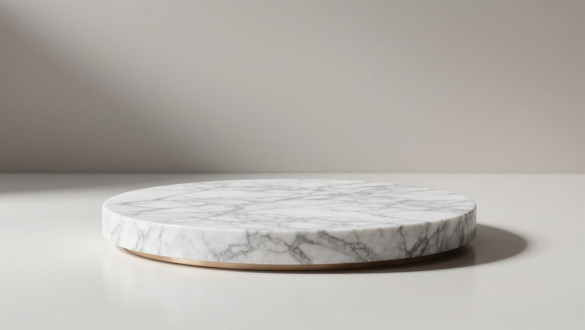 An empty round white marble pedestal in front of a warm gray studio wall