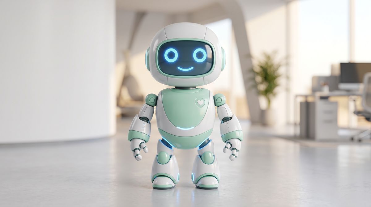A rounded white-and-mint robot mascot with large glowing blue eyes standing in a bright studio, looking cheerfully at the camera