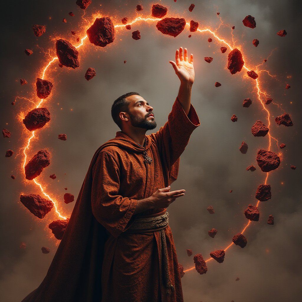A man in scorched robes raises his hand with obsidian shards floating around him, crackling with red lightning