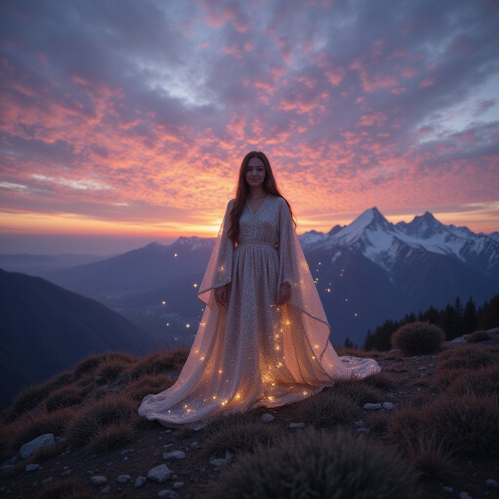 A woman standing in a field at a distance, her dress blowing in the wind under an overcast sky