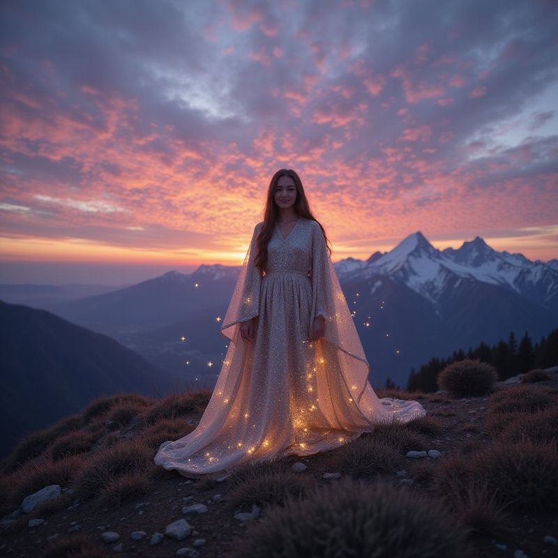A woman standing in a field at a distance, her dress blowing in the wind under an overcast sky