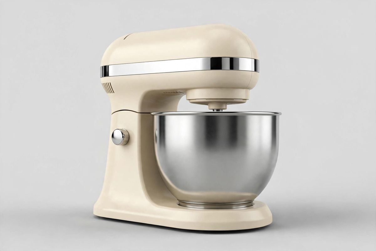 A cream-coloured stand mixer with a polished stainless steel bowl and a chrome trim band on a plain light grey studio background