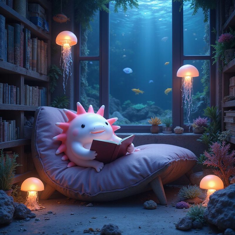 A smiling axolotl in a cozy underwater reading nook with coral bookshelves and glowing jellyfish lamps