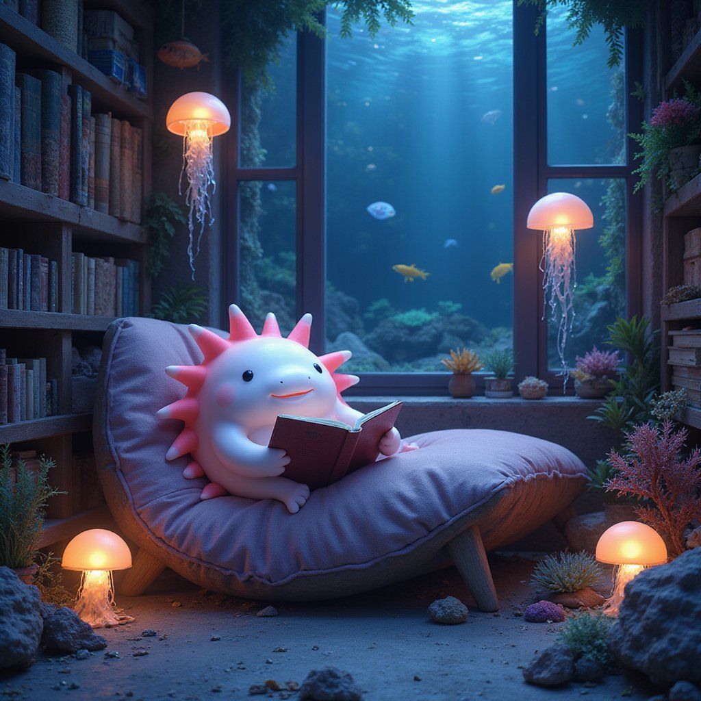 A smiling axolotl in a cozy underwater reading nook with coral bookshelves and glowing jellyfish lamps