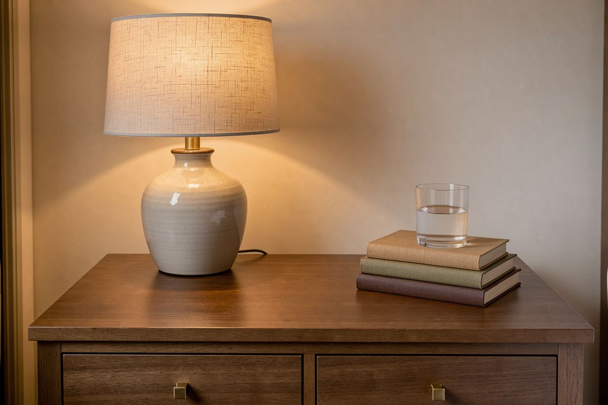 A walnut nightstand with a ceramic lamp and a pale linen shade on the left and a stack of books with a glass on the right