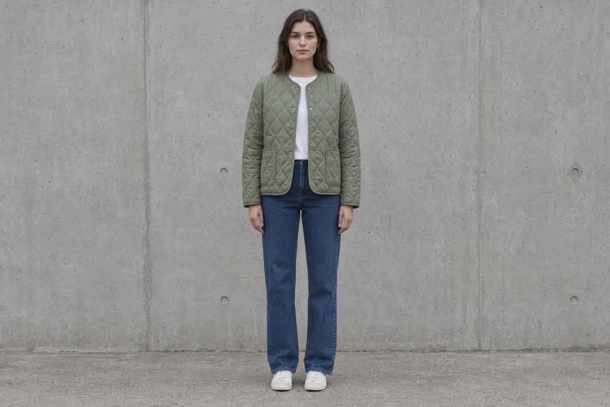 A woman standing against a plain concrete wall in a sage green quilted jacket over a white t-shirt, indigo straight-leg jeans and white trainers