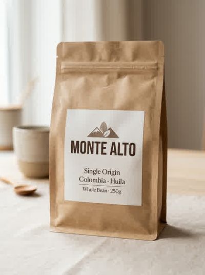 A soft, low-resolution photo of a kraft coffee bag with unreadable small label text