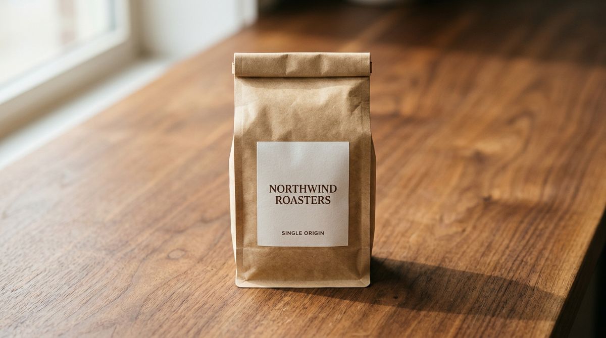 A branded coffee bag centred on a warm walnut counter, kraft paper with a minimal typographic label reading NORTHWIND ROASTERS, single origin, soft directional warm morning light