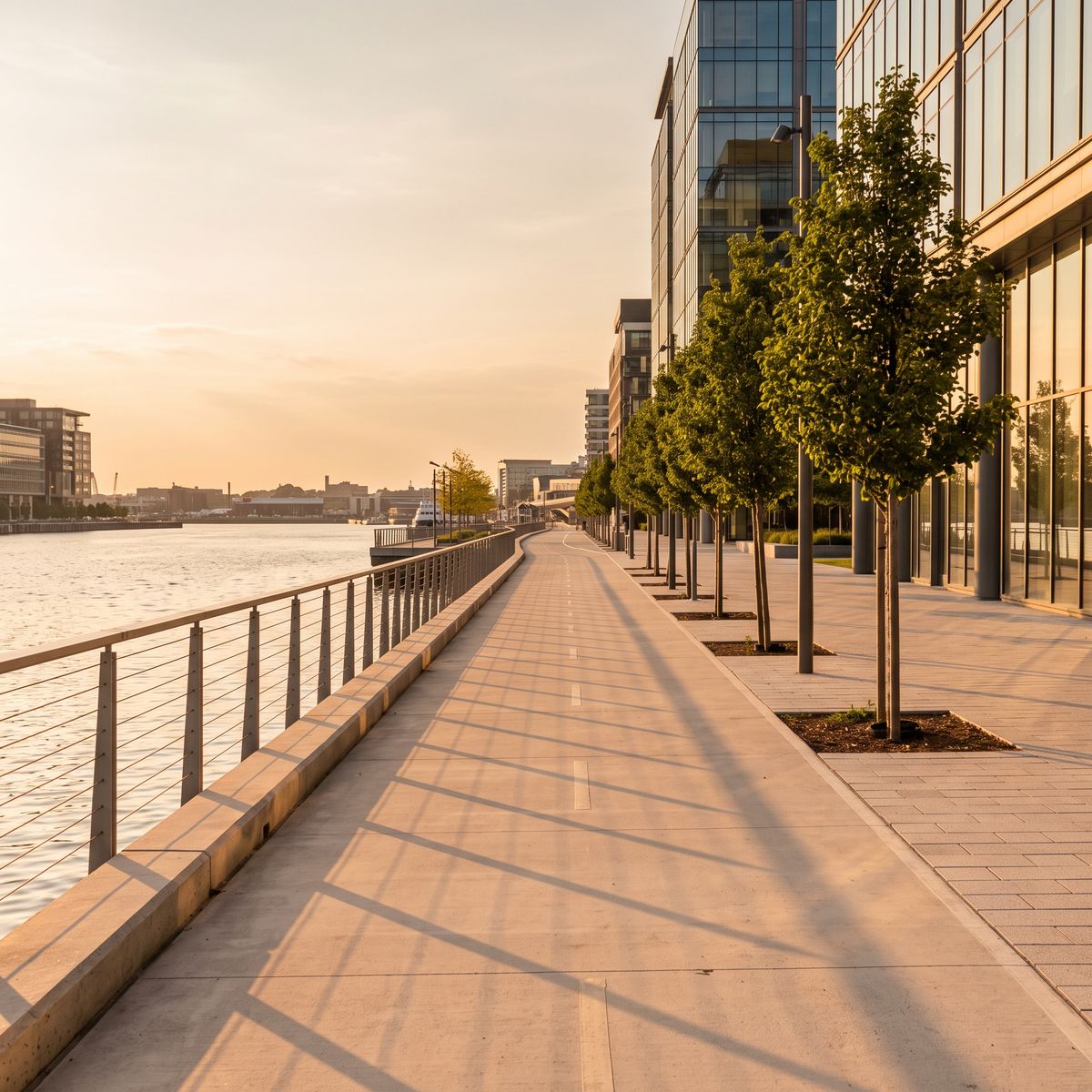 An empty waterfront cycle path at golden hour with a railing and harbor water on the left and young trees and glass buildings on the right
