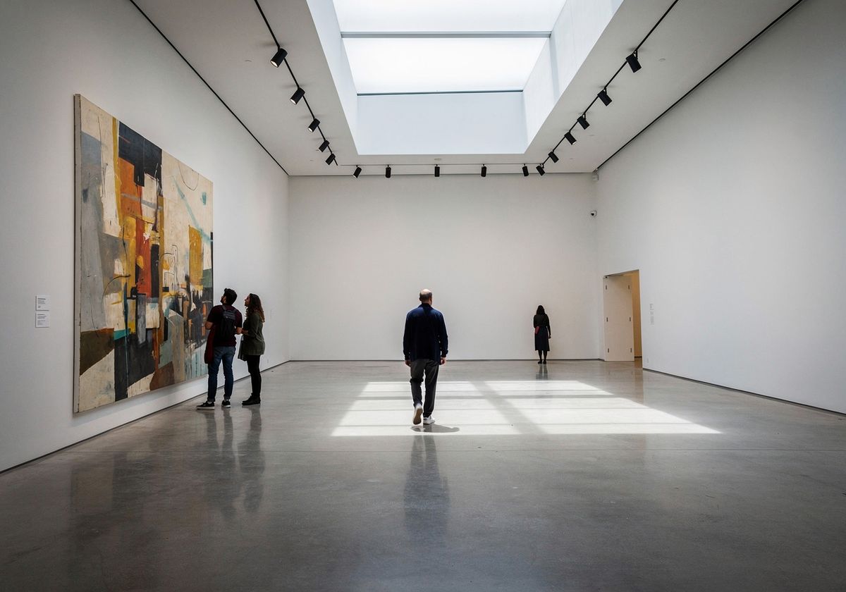 Modern museum gallery interior with four visitors walking through the space