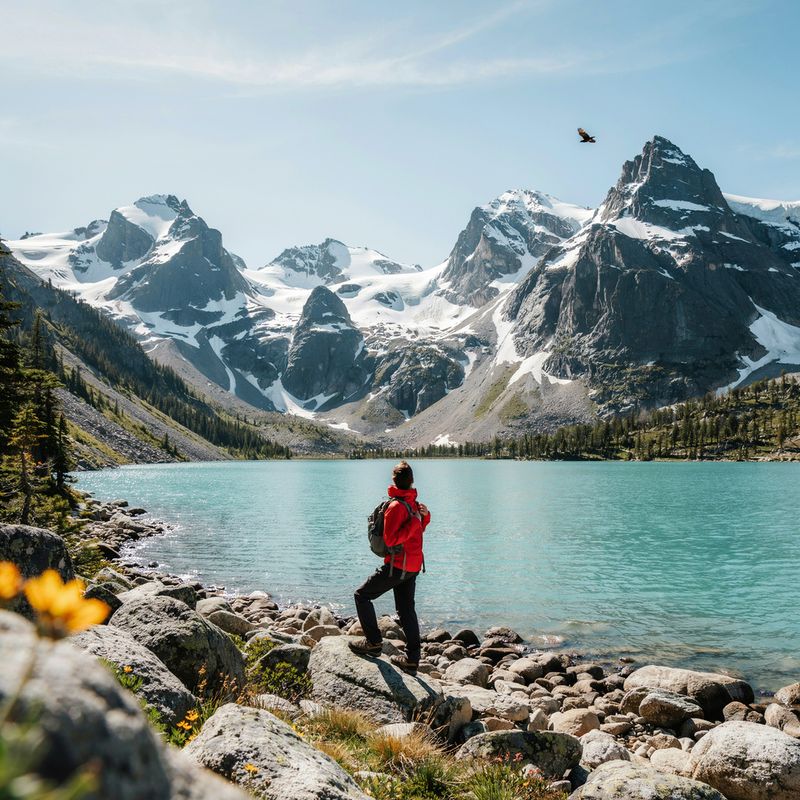 A turquoise alpine lake with a hiker in a red jacket standing on the rocky shore