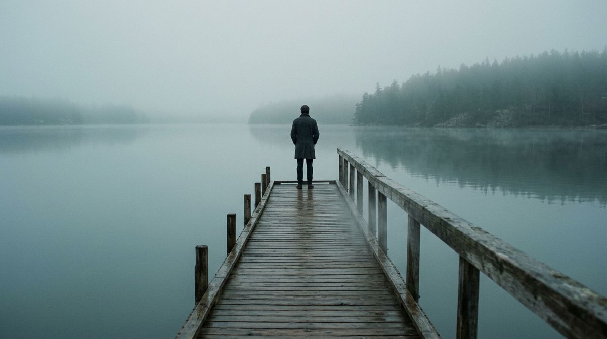 A cinematic wide film still of a lone figure in a long charcoal coat at the end of a weathered pier over misty dawn water