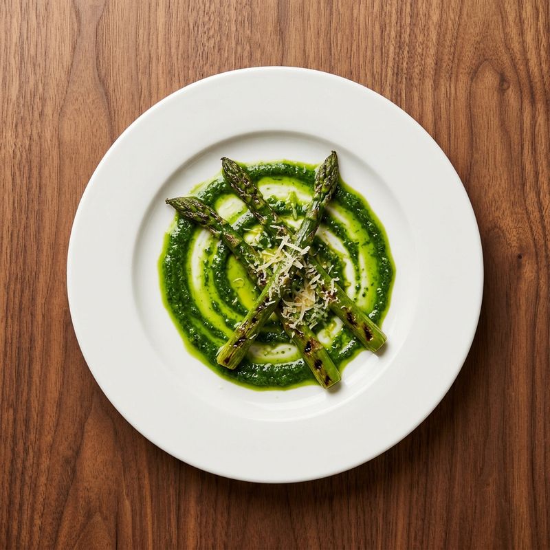 The same plate with the emerald green oil swirl now topped with an artful pile of grilled asparagus spears and shaved pecorino