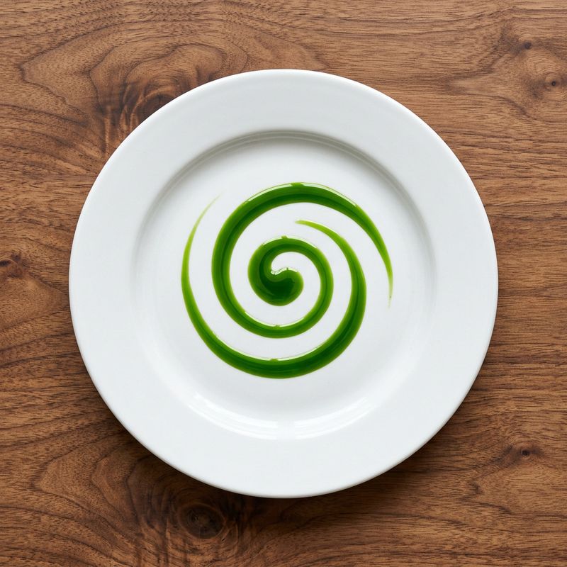 The same white ceramic plate on the same walnut table now with a bright swirl of emerald green herb oil pooled in the centre