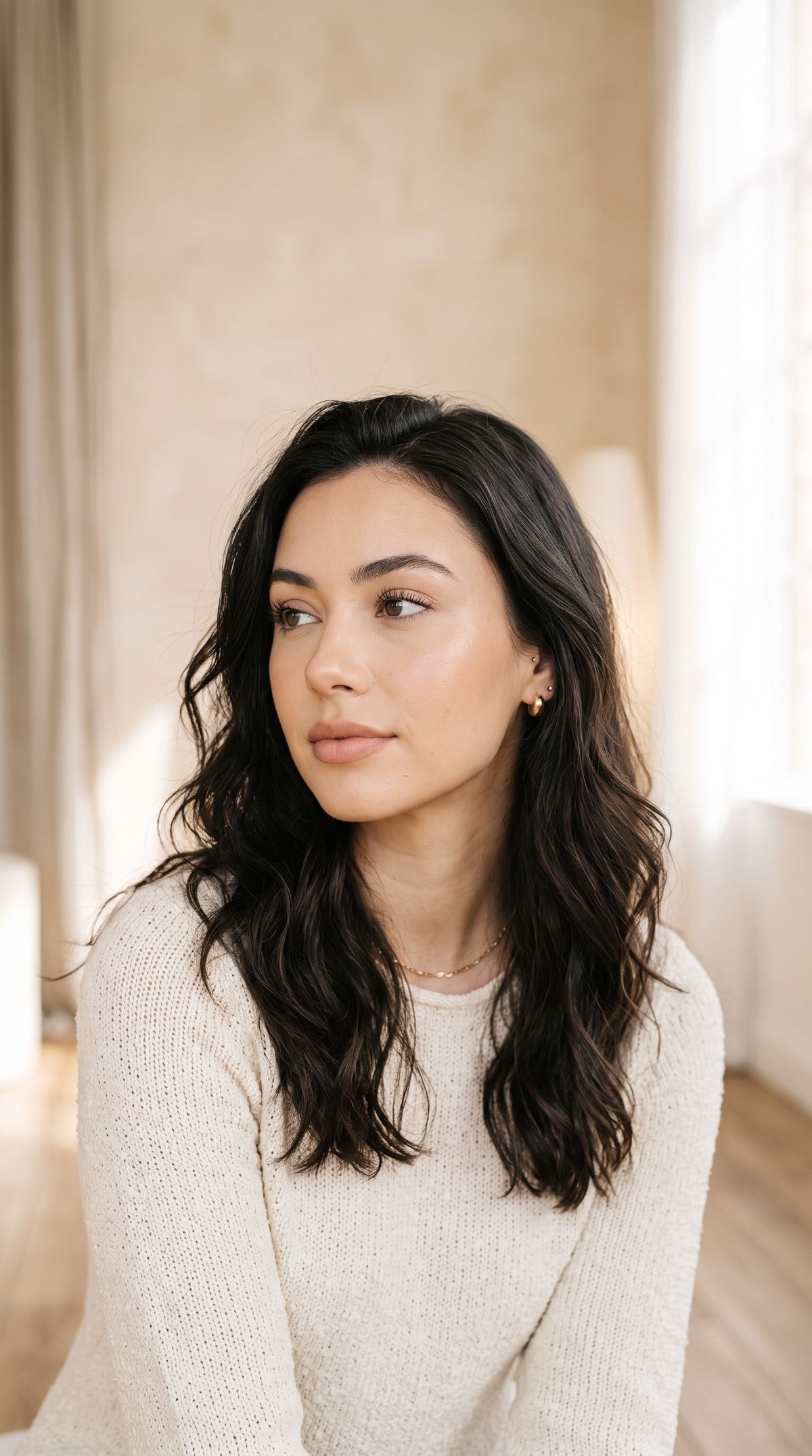 A studio beauty portrait of a young woman with loose dark waves and soft makeup, looking just off camera against a pale warm backdrop