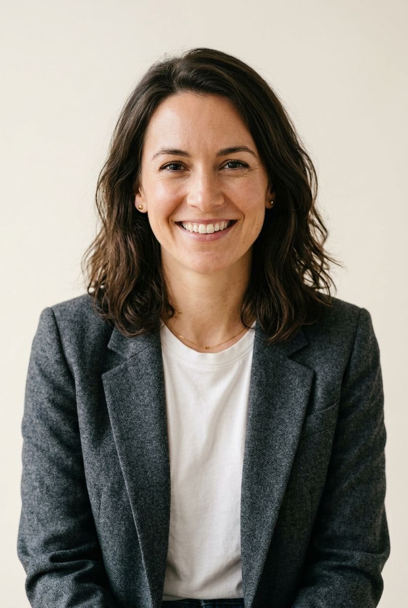 A studio portrait of a brand presenter in her thirties with shoulder-length dark hair, wearing a charcoal blazer over a white tee, head-and-chest framing