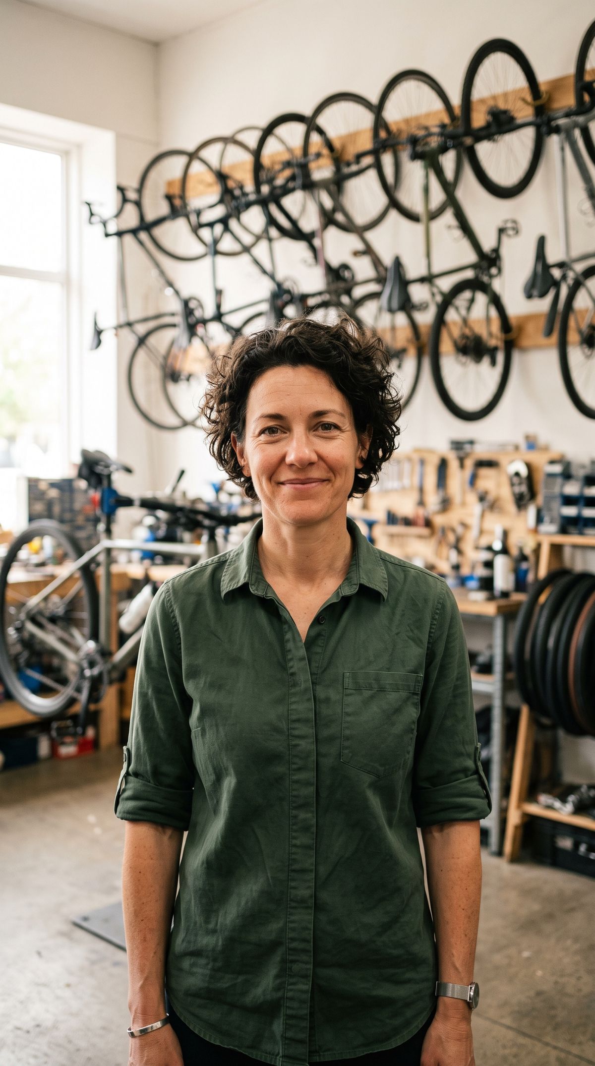 A waist-up portrait of a bicycle-shop owner in a green work shirt with rolled sleeves, smiling with her mouth closed, bikes on wall hooks behind her