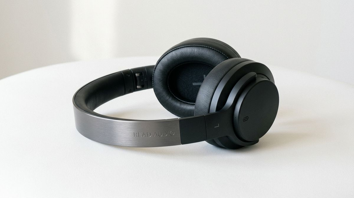 A pair of premium matte-black over-ear wireless headphones with brushed-aluminum headband debossed READ AUDIO, sitting centred on a soft matte-white surface with soft directional daylight from the upper left