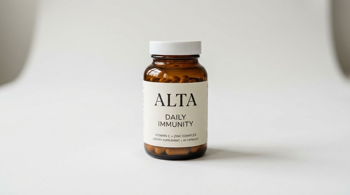 A premium wellness supplement bottle standing centred on a soft matte-white surface: warm amber glass body, white flat cap, minimal label reading ALTA DAILY IMMUNITY in serif capitals, soft directional daylight from the upper left