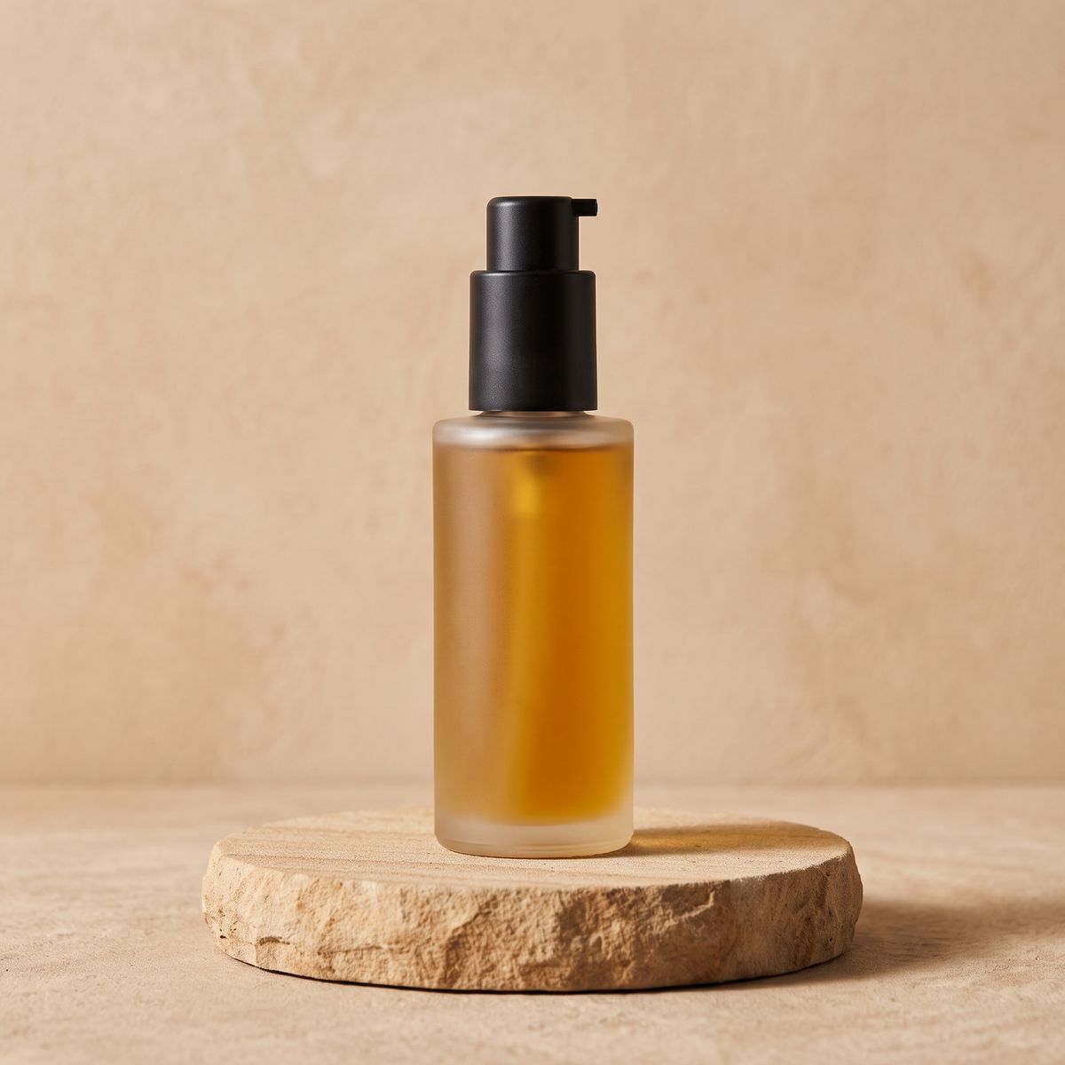 A frosted glass body oil bottle with a matte black pump on a round sandstone plinth against a warm beige backdrop