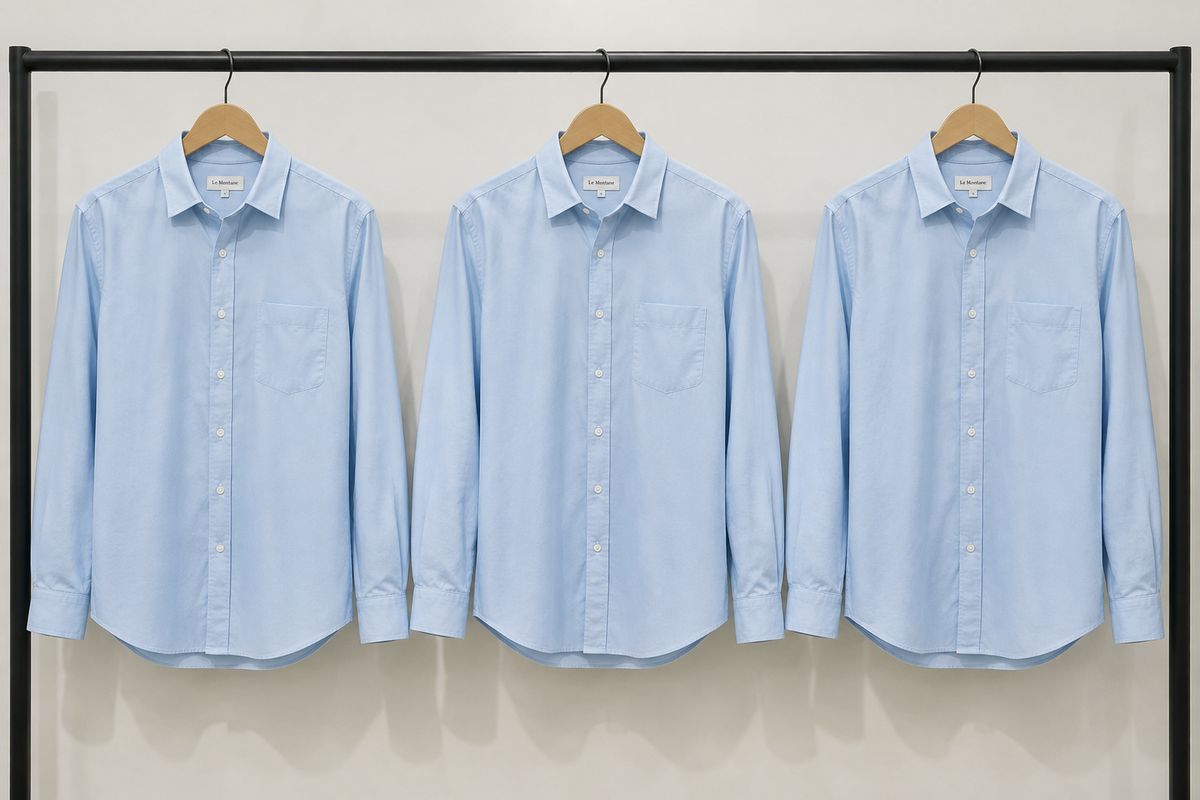 Three shirts hanging on a retail rail against a pale wall, all in the same pale blue cotton