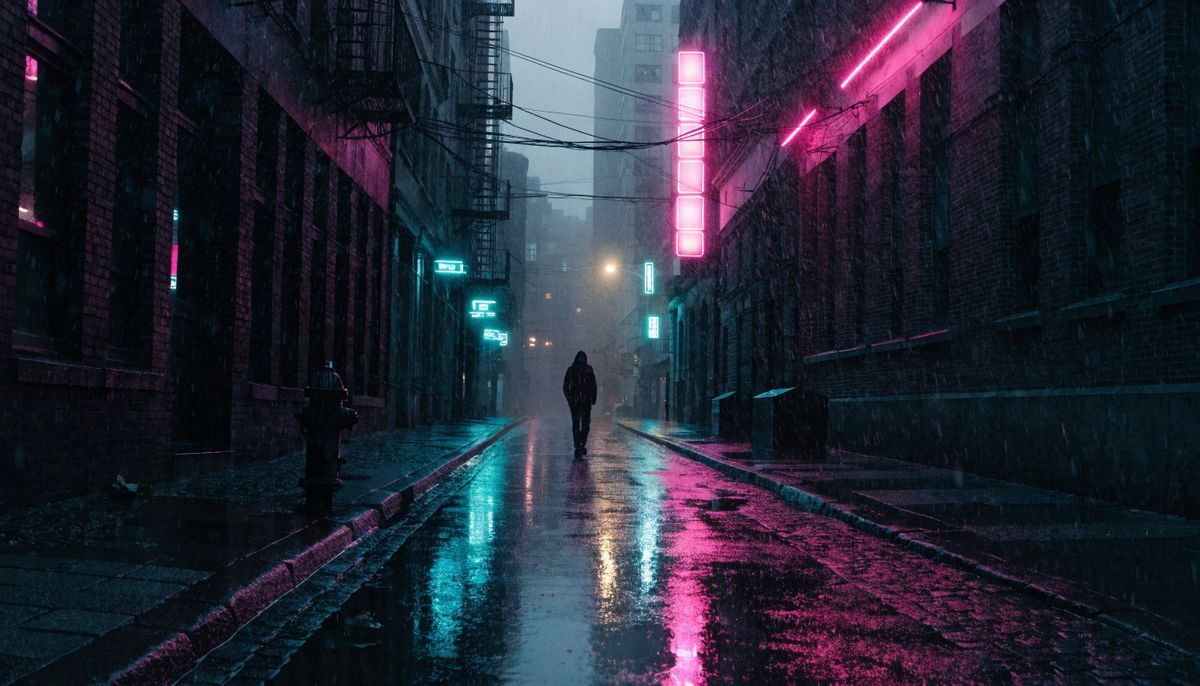 Narrow city street at night with neon signs reflecting in wet pavement and a hooded figure walking away from camera