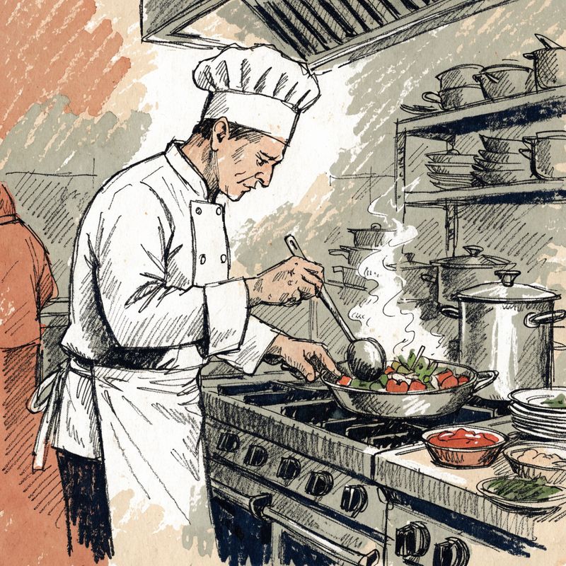 Editorial magazine illustration of a chef in whites sautéing vegetables in a busy restaurant kitchen, bold black ink line work, muted earth-tone watercolor fills, pencil crosshatch shading