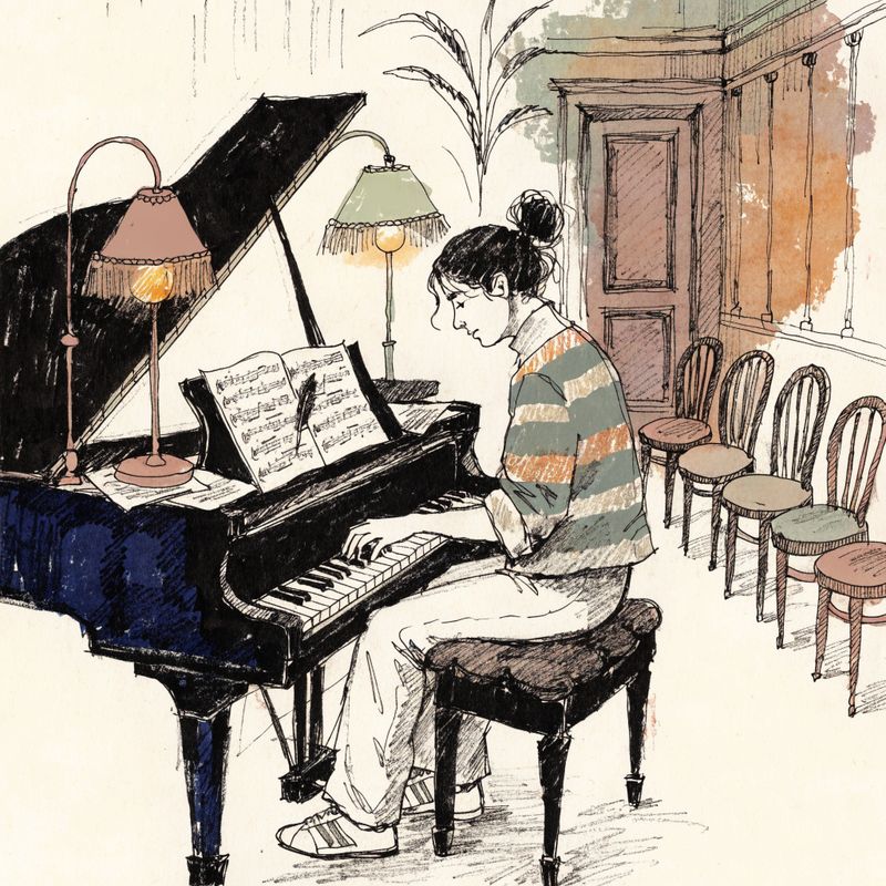 Editorial magazine illustration of a pianist playing a grand piano in a small warmly lit concert hall, bold black ink line work, muted earth-tone watercolor fills, pencil crosshatch shading