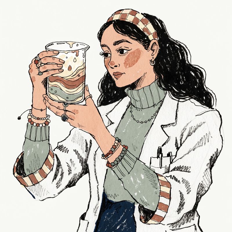 Editorial magazine illustration of a woman scientist in a white lab coat holding a beaker with a swirling coloured liquid, bold black ink line work, muted earth-tone watercolor fills, pencil crosshatch shading