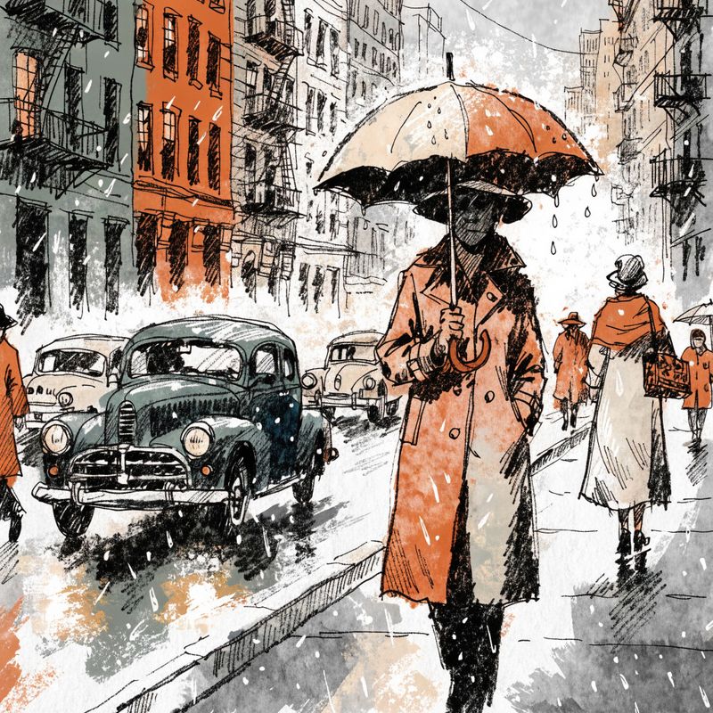 Editorial magazine illustration of a busy city street with pedestrians and vintage cars, bold black ink line work, muted earth-tone watercolor fills, pencil crosshatch shading