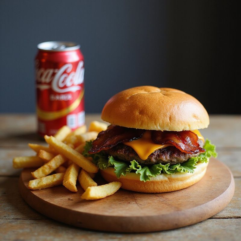A cheeseburger with bacon and fries on a wooden board next to a can of cola