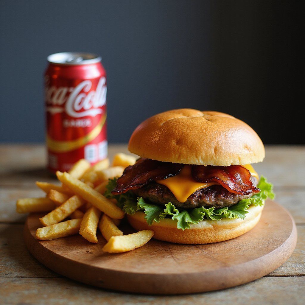 A cheeseburger with bacon and fries on a wooden board next to a can of cola