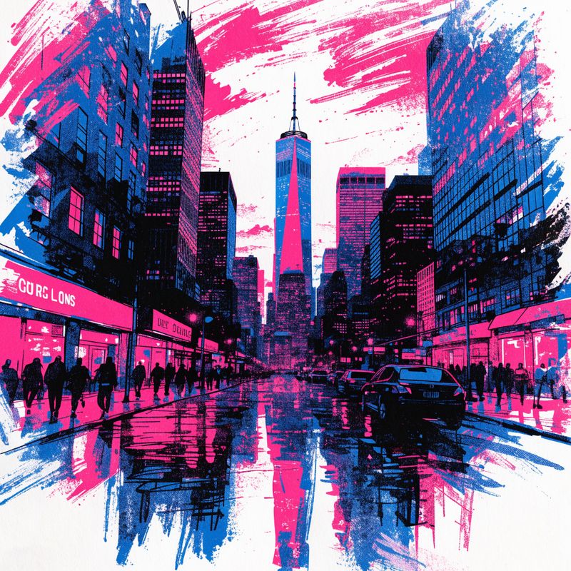 Riso print poster illustration of a stylized city skyline at dusk in layered fluorescent pink and cobalt blue inks
