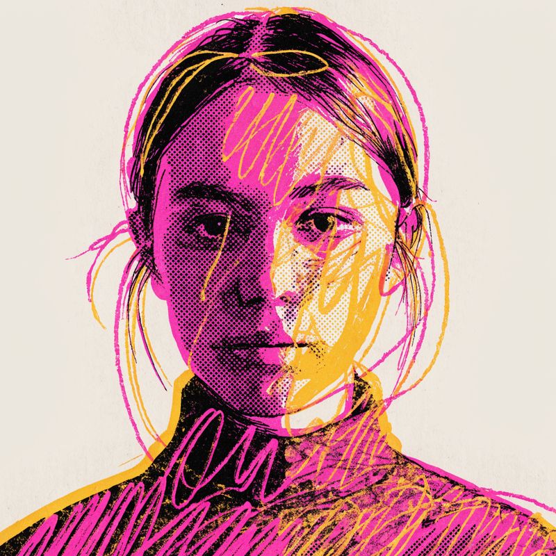 Riso print poster illustration of a stylized portrait of a woman with wind-blown hair in layered fluorescent pink and mustard yellow inks